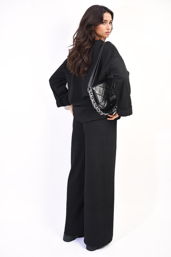 Bianca Loose Long Sleeve Top and Wide Leg Trousers Co-ord Set in Black