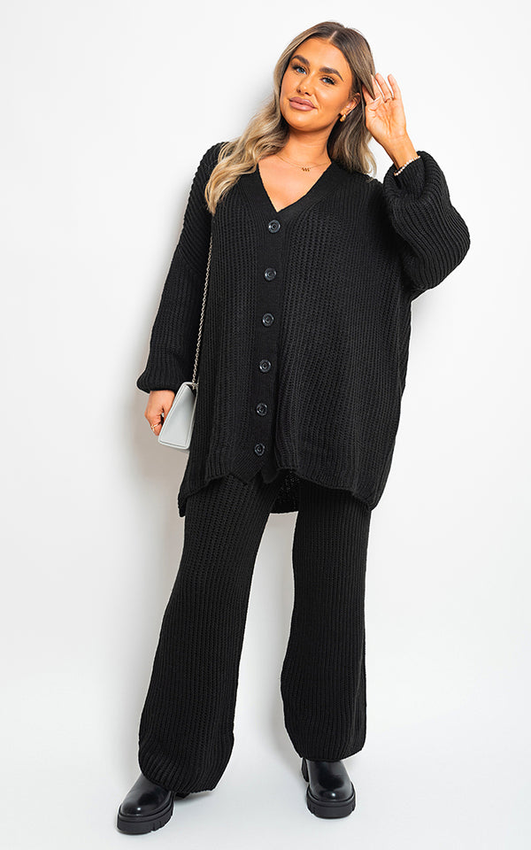 Emma Chunky Knitted Button Up Cardigan Wide Leg Trousers Co-ord Set in Black